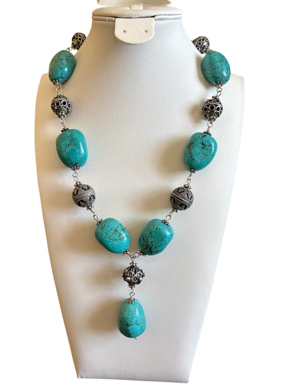 OOAK Handmade Artisan Sterling Silver and Genuine Turquoise Chunky Necklace